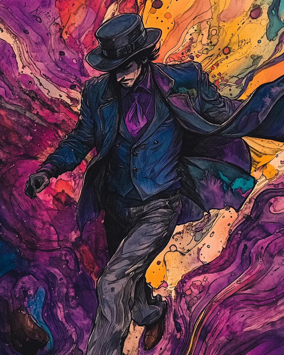 Steampunk man in dark blue suit and grey trench coat