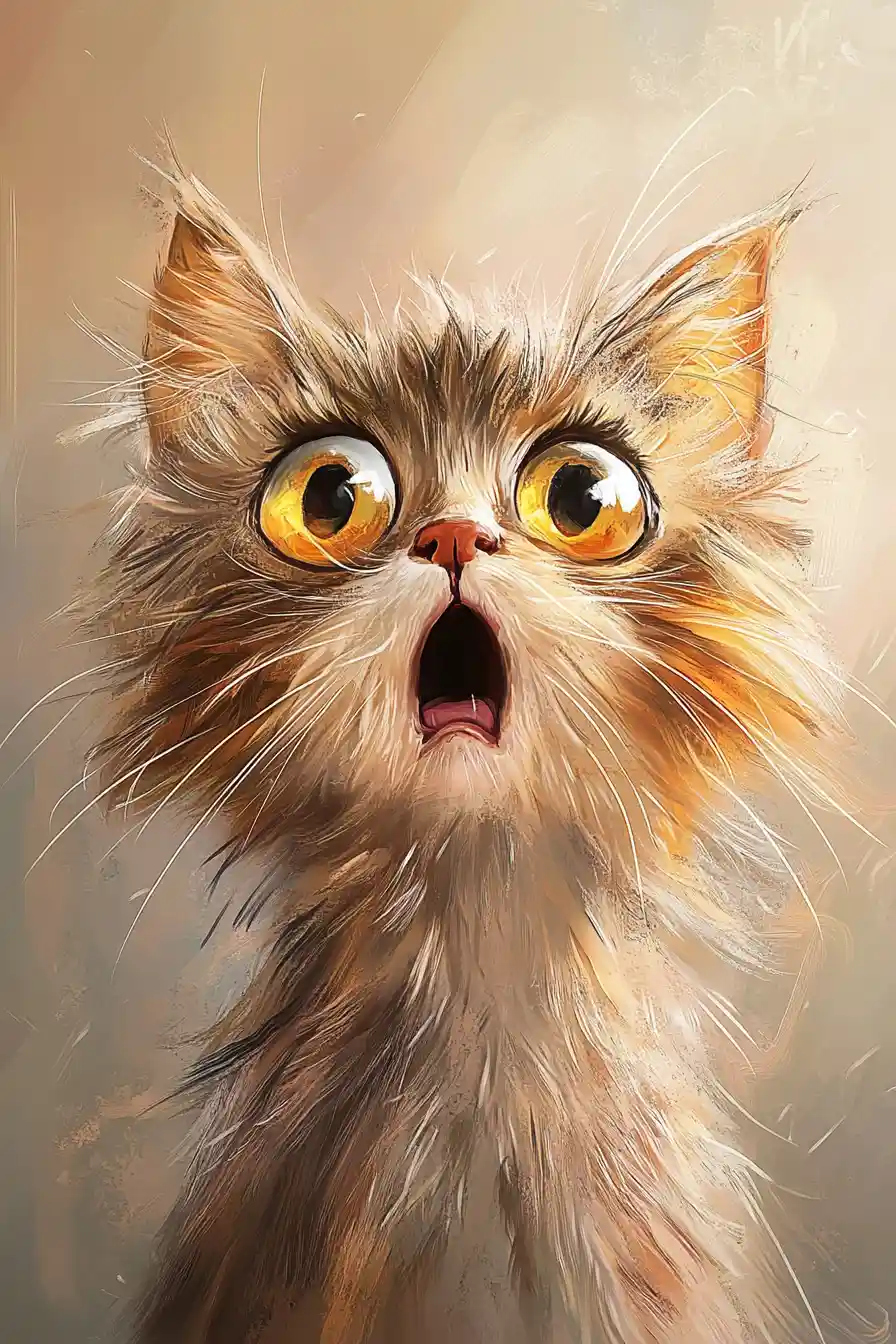 Visage de chat cartoon duveteux choqué avec de grands yeux brillants