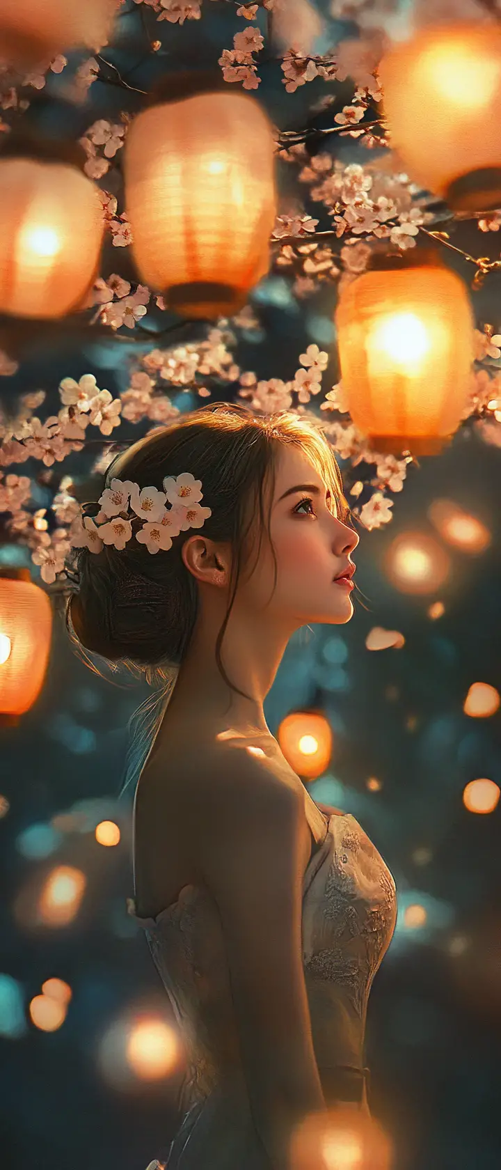 Dreamy Girl Under Glowing Lanterns With Cherry Blossoms