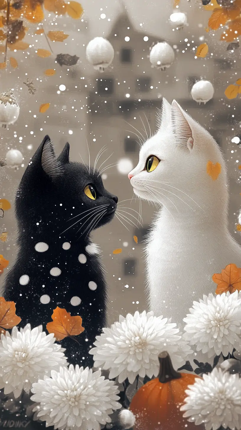 Whimsical polka dot cats in a floral autumn village