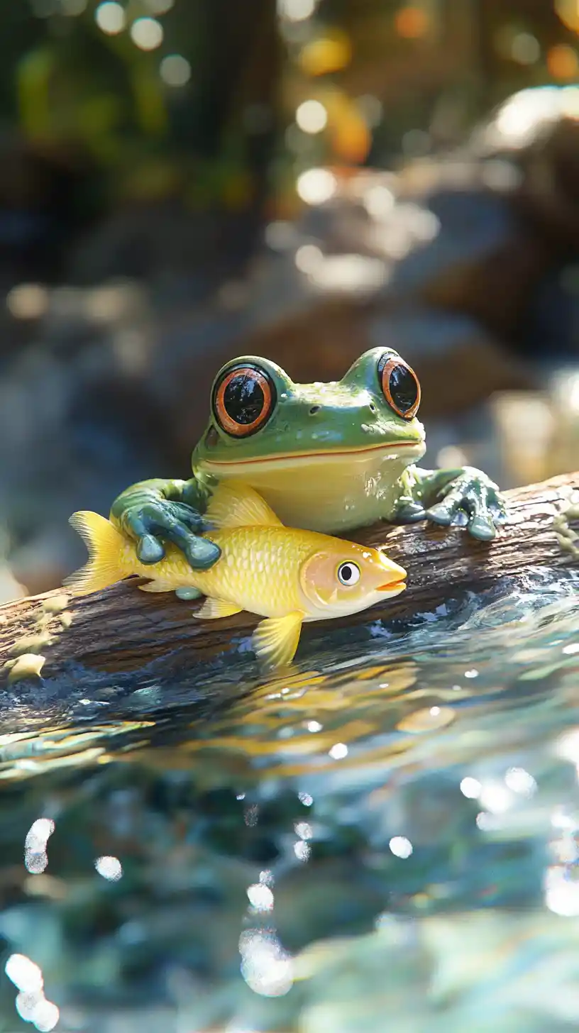 Frosch schiebt einen gelben Fisch über einen Waldbach