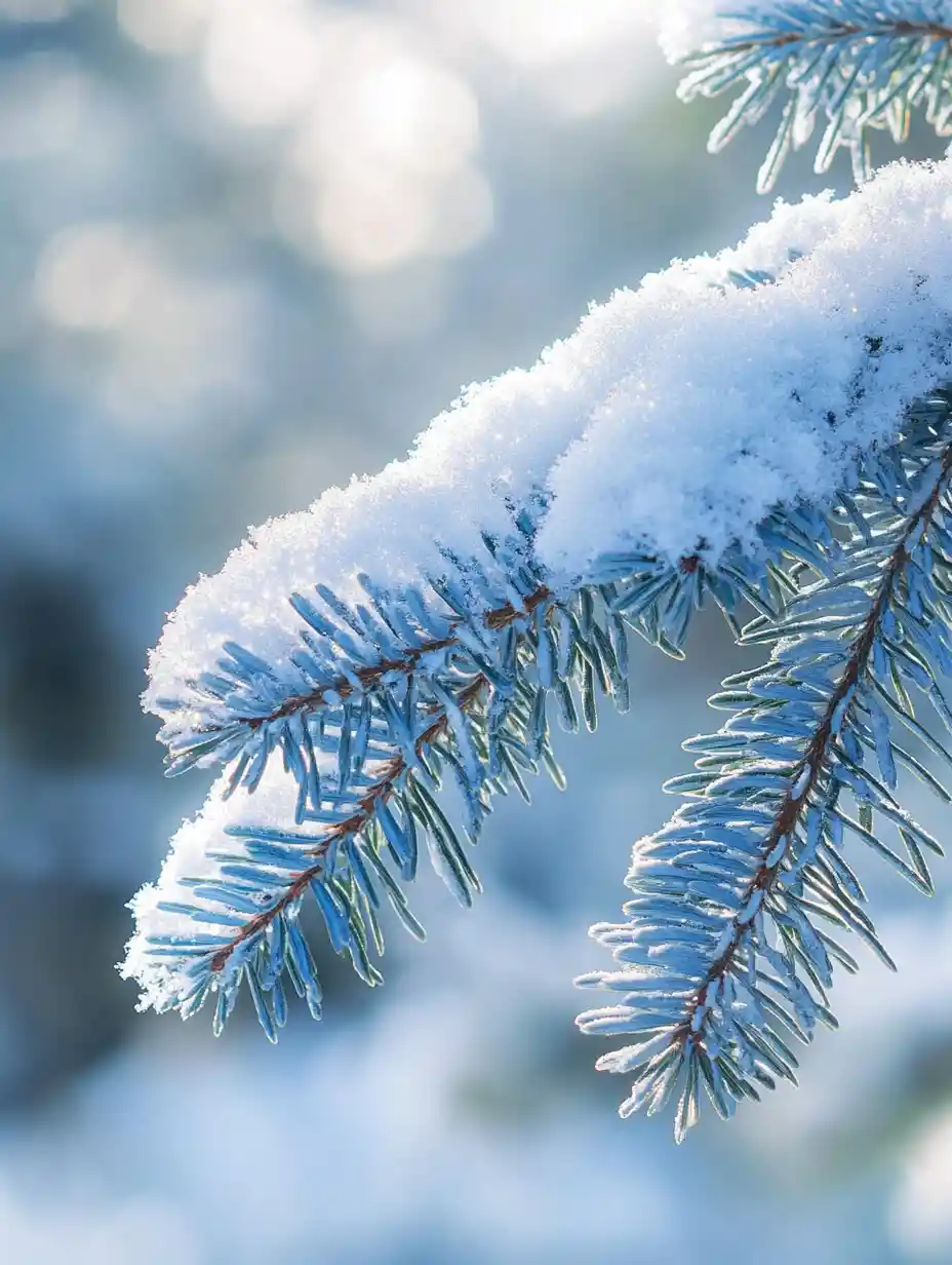 Spruce Sprig With Snow In Bright Mountain Sunlight
