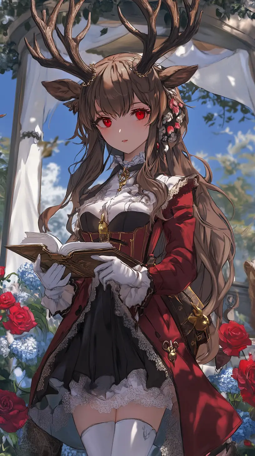 Horned girl reading an old book in a rose meadow