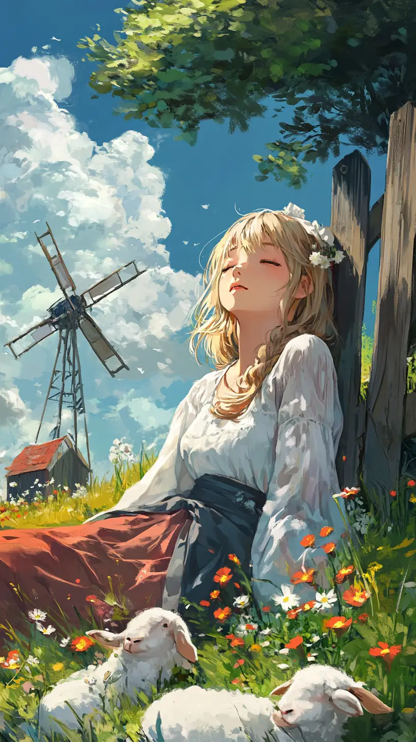 Girl Sitting In Countryside With Farm Animals And Windmill
