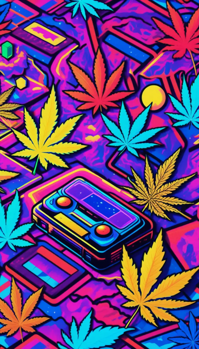 VHS style neon grid with floating cannabis leaves