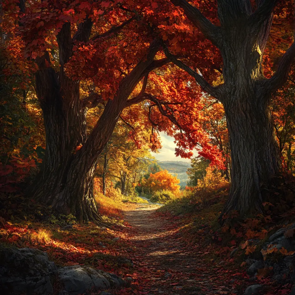 Autumn forest path overlooking a distant river valley