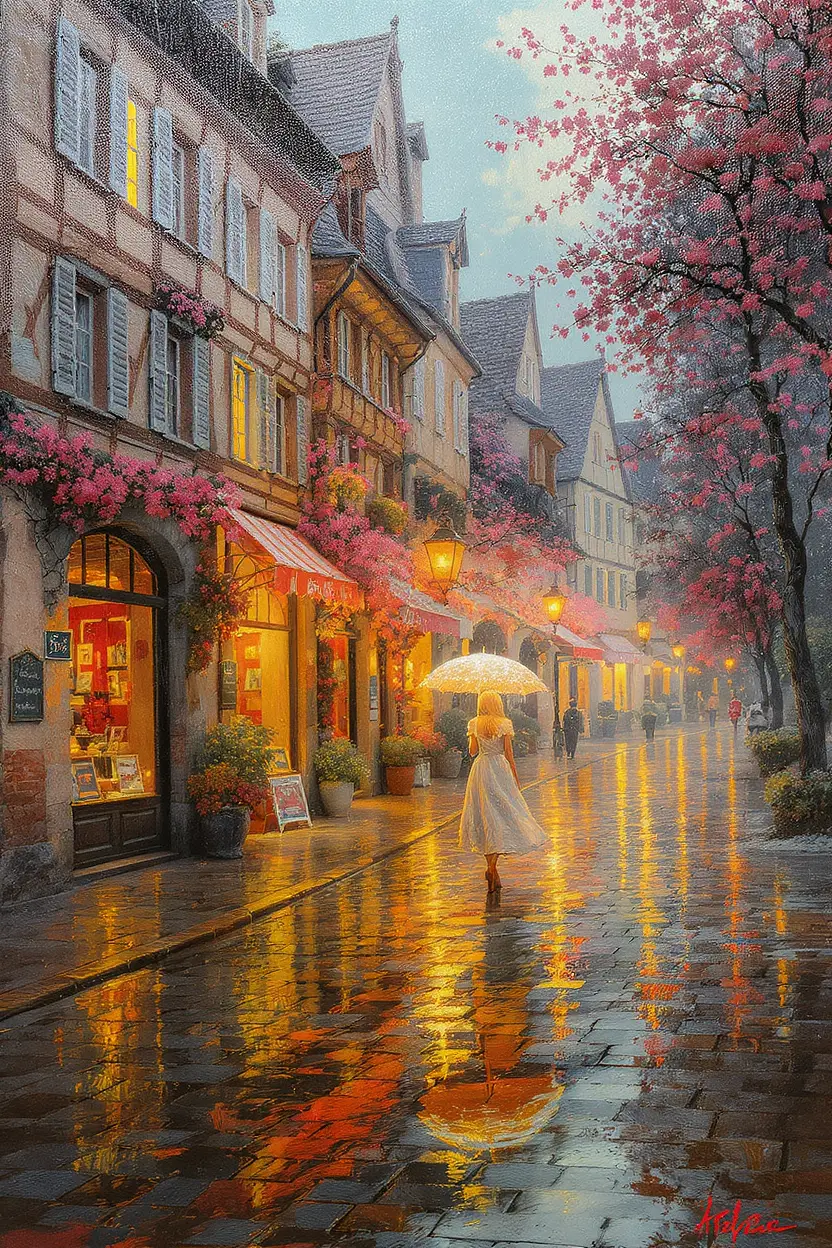 Oil Painting Of A Rainy Street In Colmar France