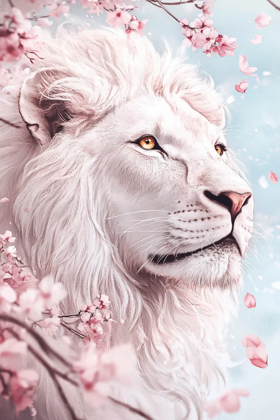 Majestic white lion surrounded by soft cherry blossoms