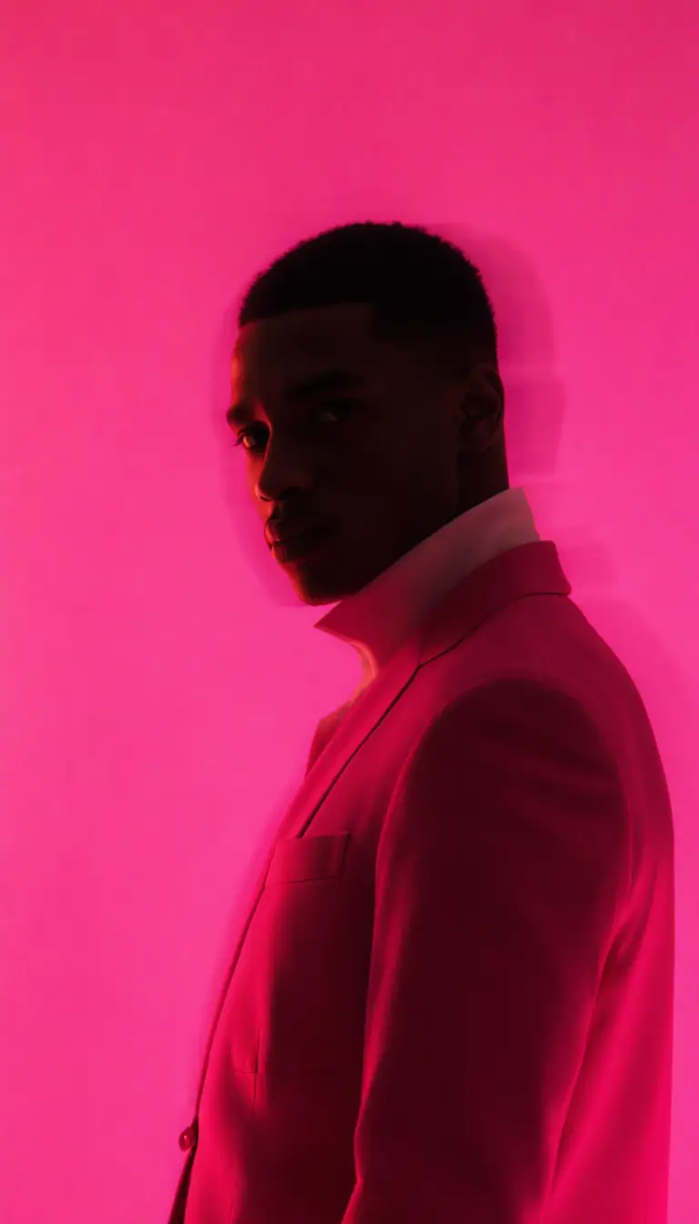 Stylish man in bold pink fashion against minimal backdrop