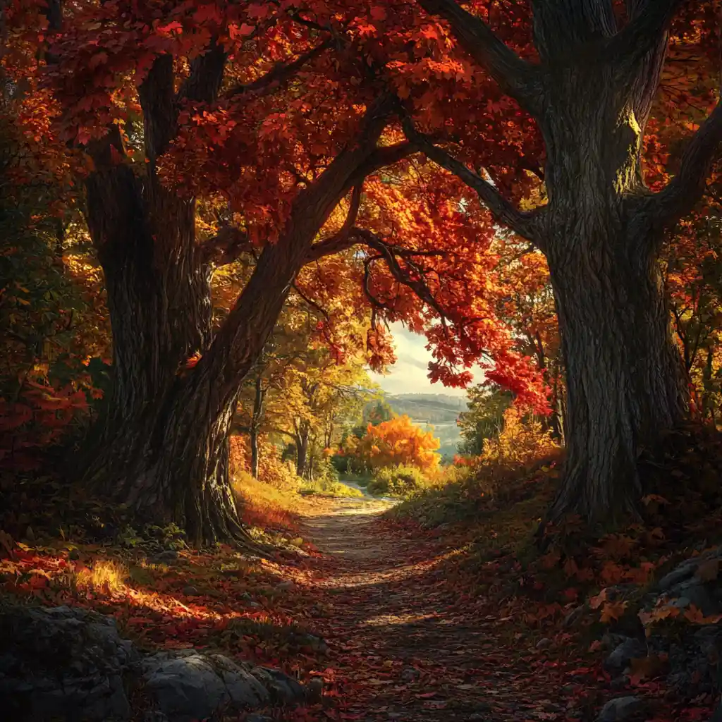 Autumn forest path overlooking a distant river valley