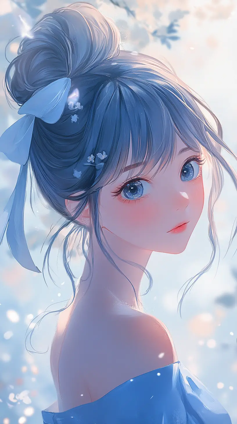 Cute anime girl with blue ponytail in soft landscape