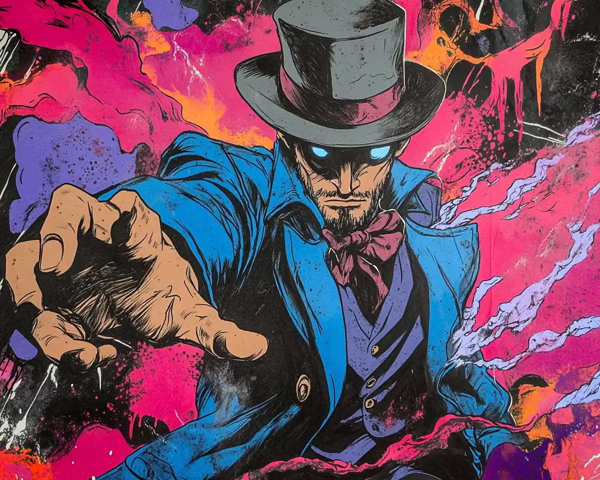 Steampunk ink drawing of a mysterious man in motion