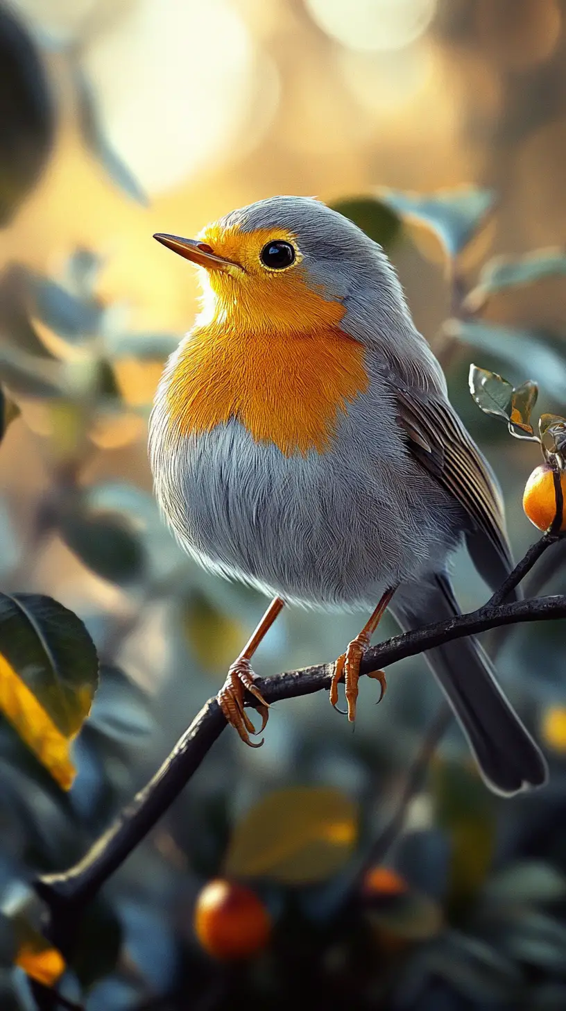 Robin resting on a tree branch in soft morning light