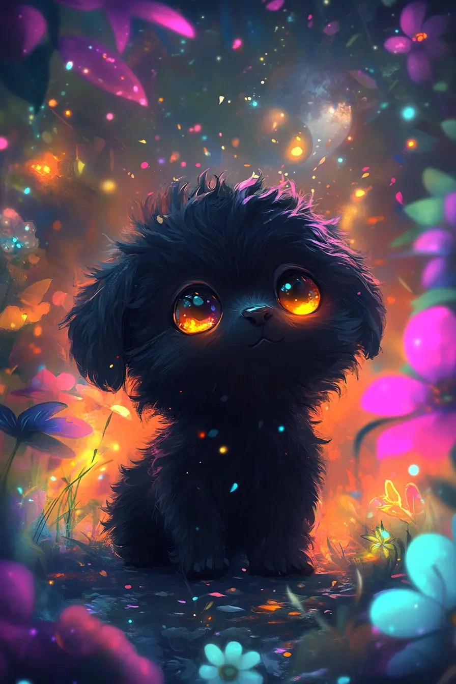 Chibi black puppy in glowing fantasy flower forest
