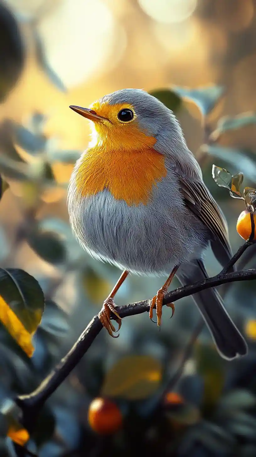 Robin resting on a tree branch in soft morning light