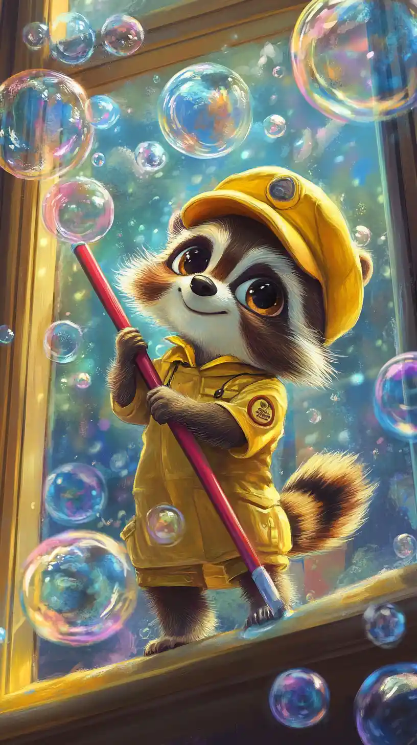 Cheerful raccoon window cleaner with colorful soap bubbles
