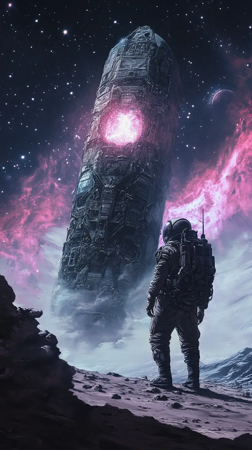 Lone astronaut facing ancient alien artifact in nebula