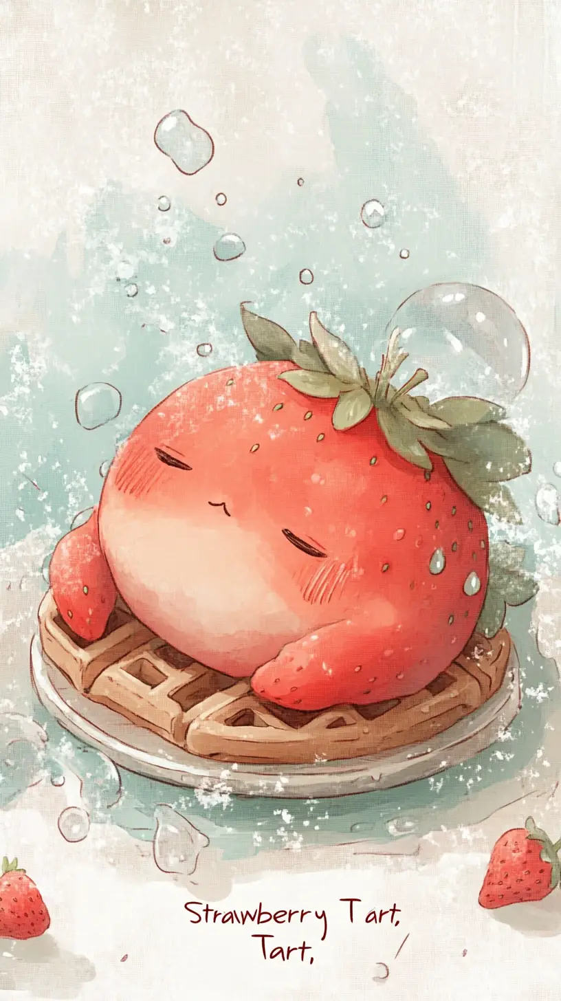 Chubby strawberry character napping on a warm waffle iron