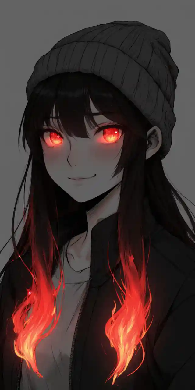 Anime girl portrait with fiery red glowing hair