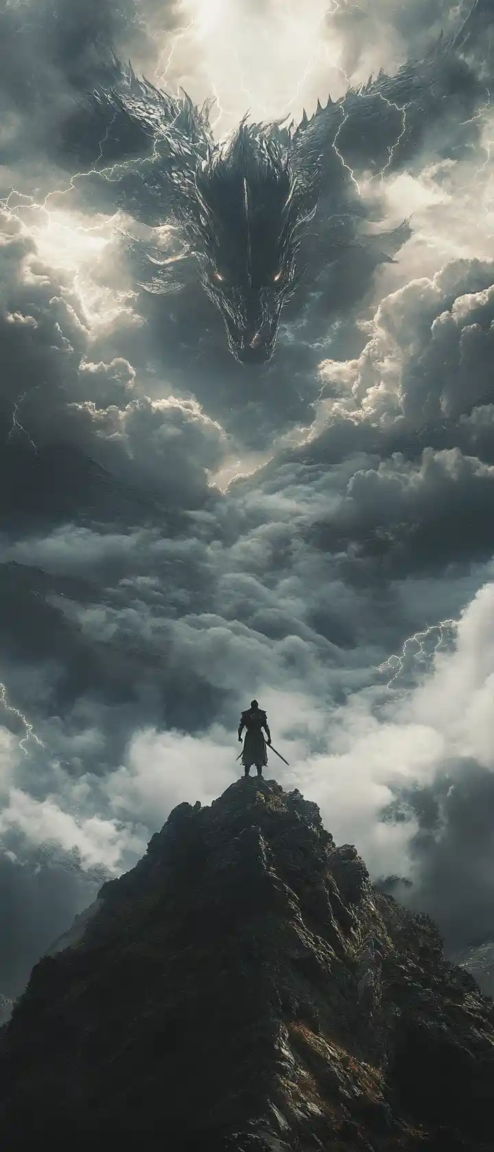 Anime warrior facing a colossal dragon above stormy mountains