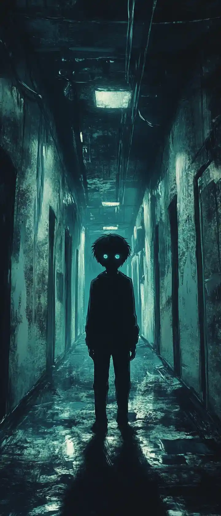 Anime girl in a dark corridor with glowing fearful eyes