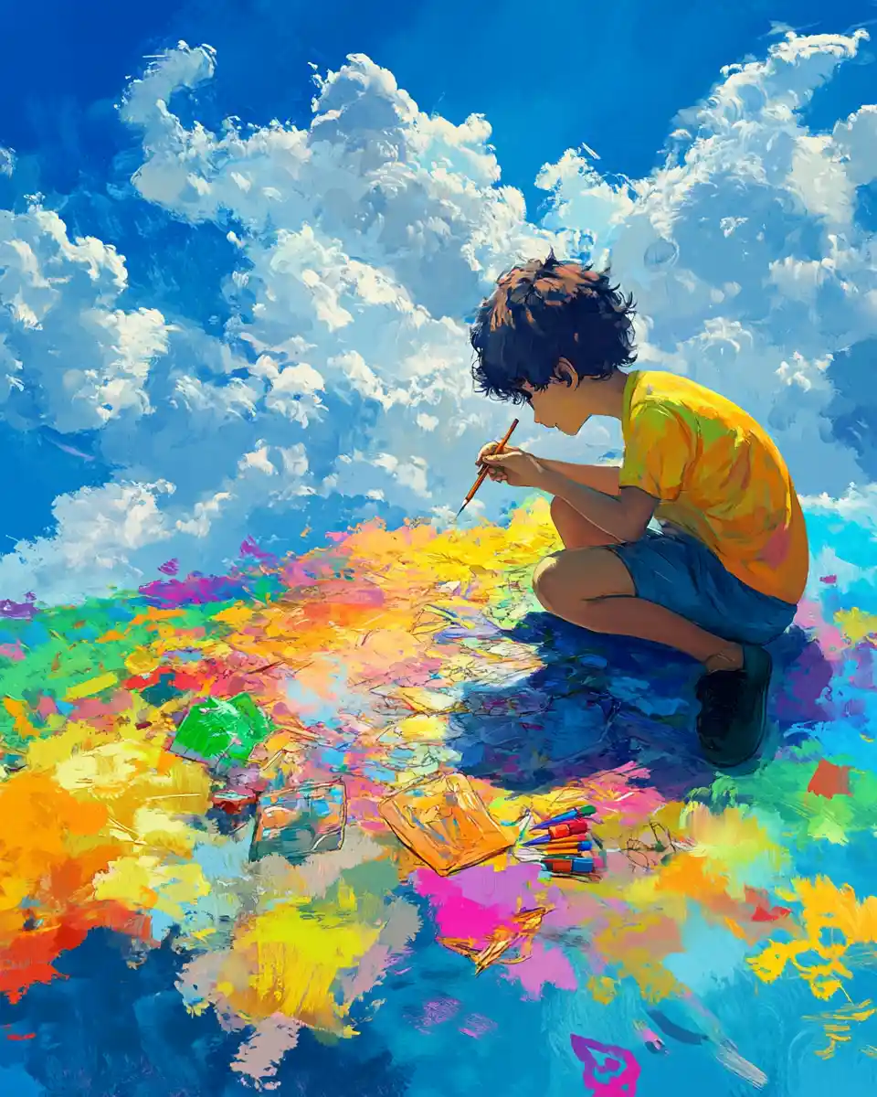 Children drawing playful pictures across a blue sky canvas