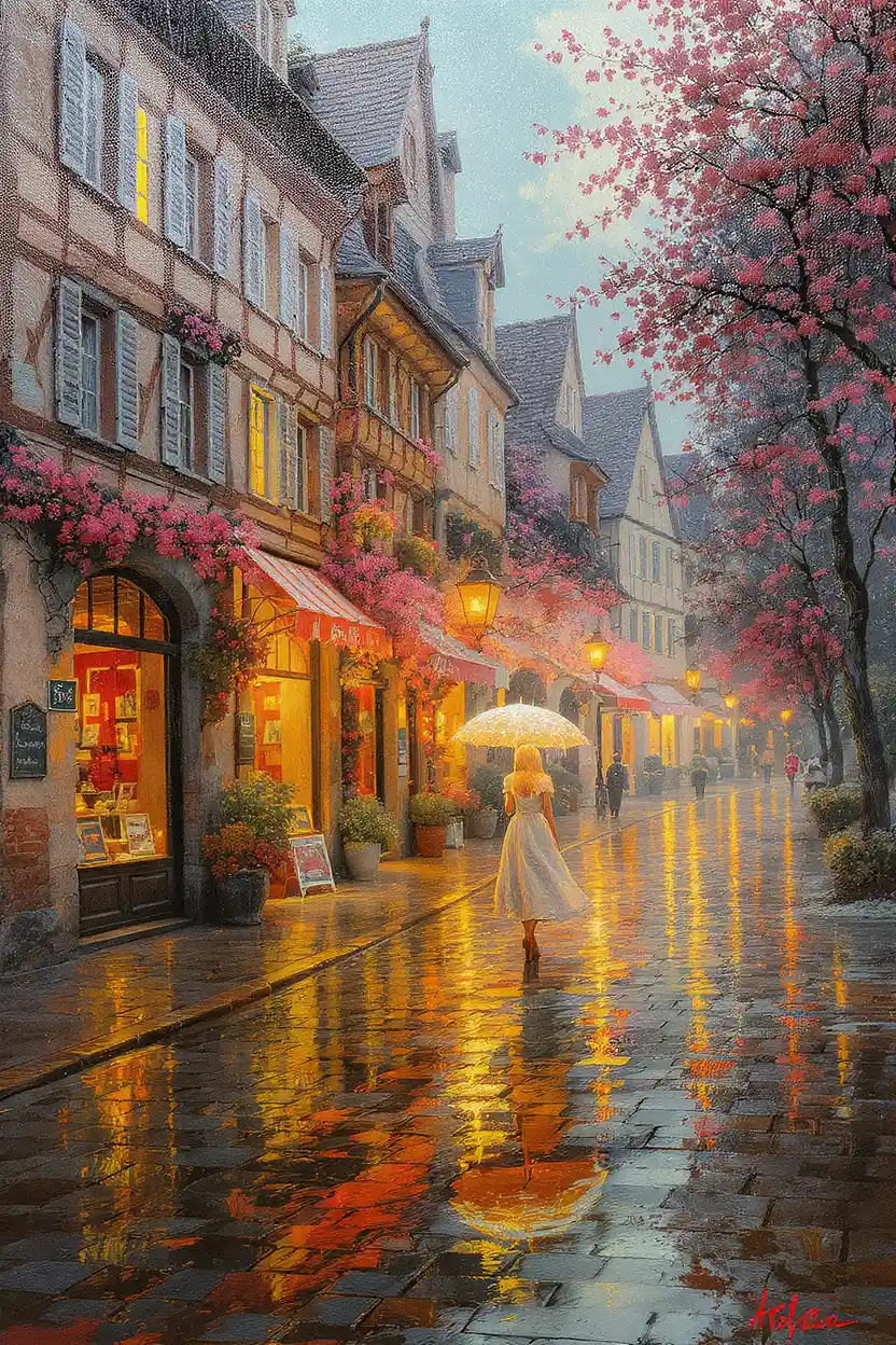 フランス・コルマールの雨の街並みの油絵