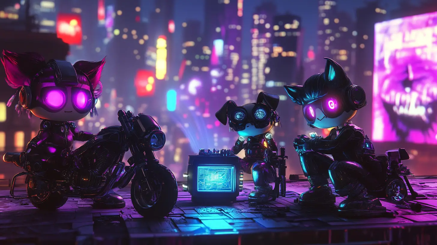 Chibi hackers on neon city rooftop with motorcycles