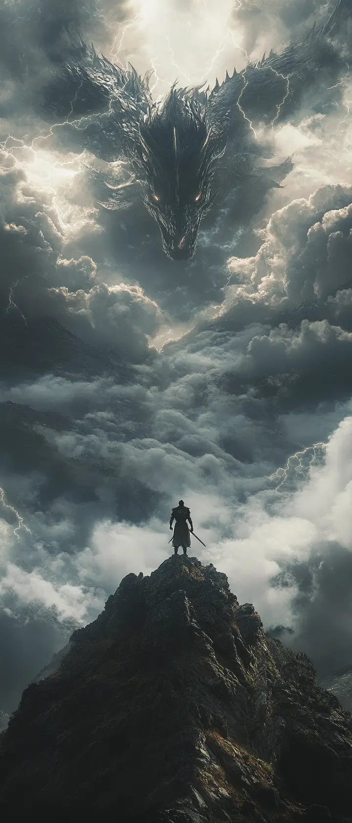 Anime warrior facing a colossal dragon above stormy mountains
