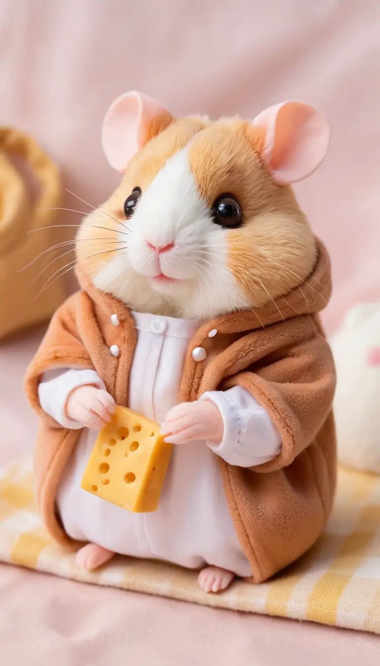 Cute hamster doll sitting on soft fluffy blanket