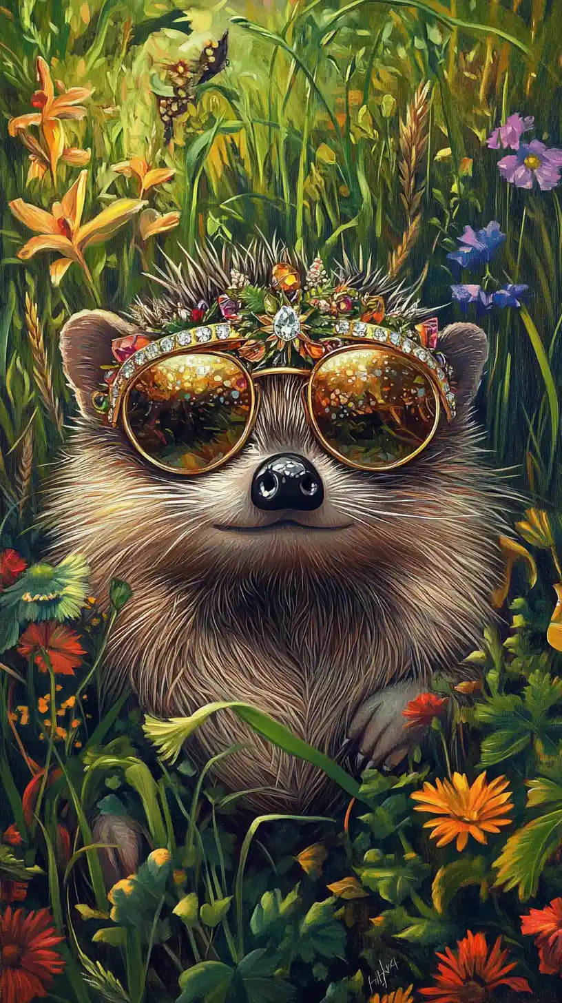 Hedgehog Wearing Golden Diamond Glasses In Lush Garden