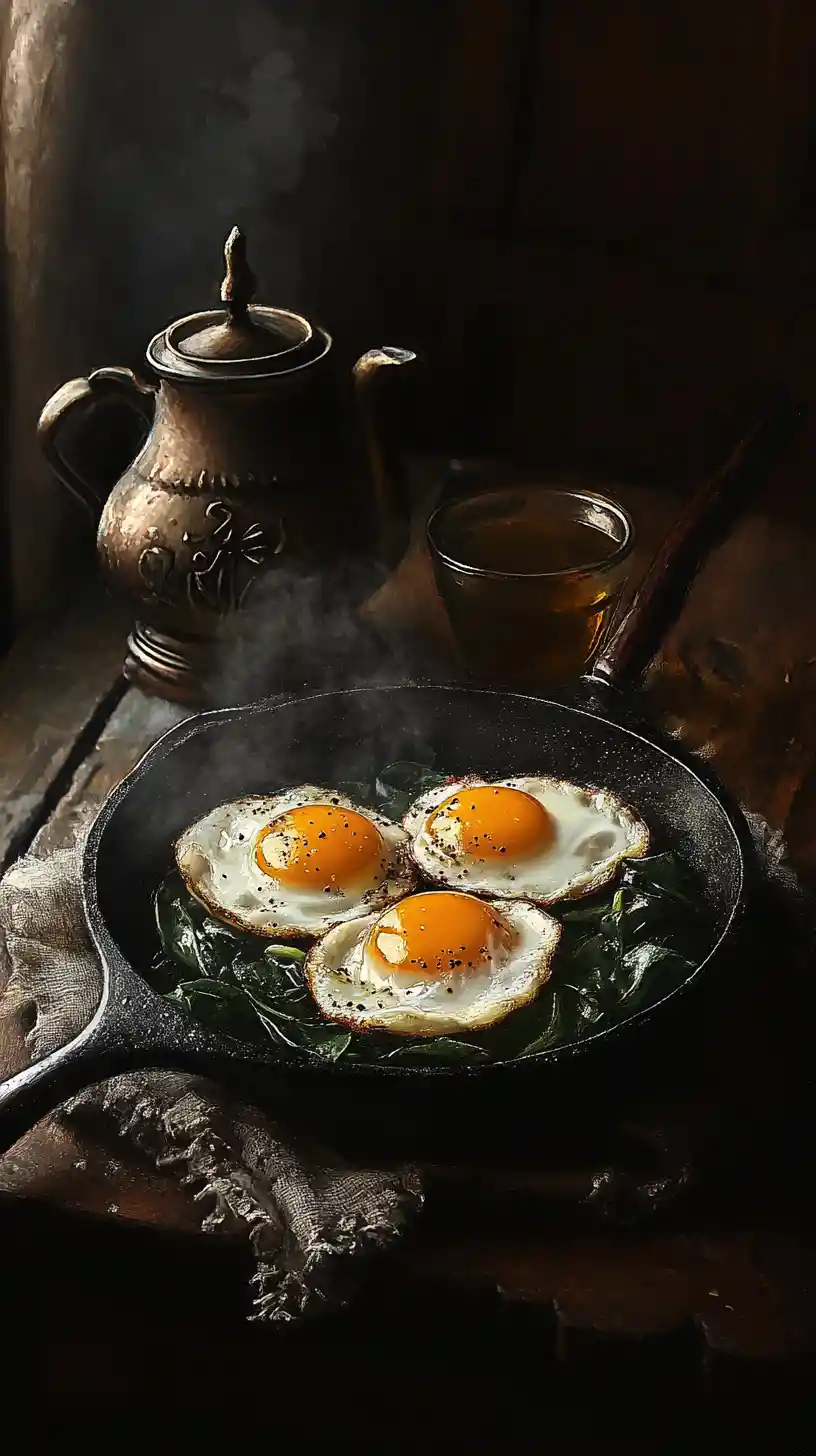 Rustic skillet breakfast still life in dramatic light