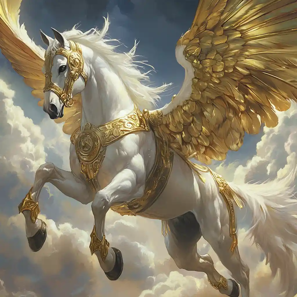 Majestic winged horse soaring beneath a vast sky dome