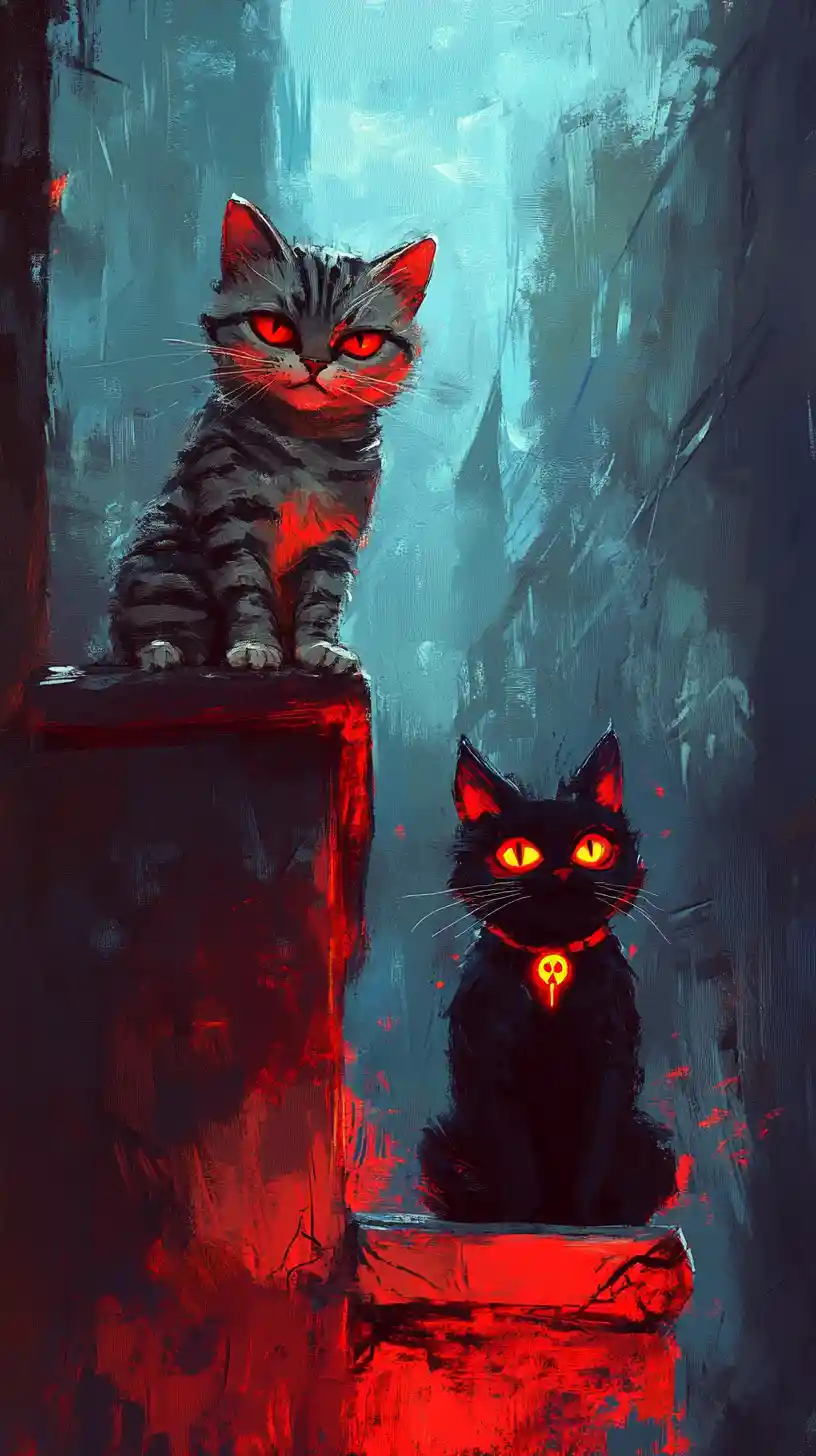 Gray rooftop cat watching a hellish black cat below