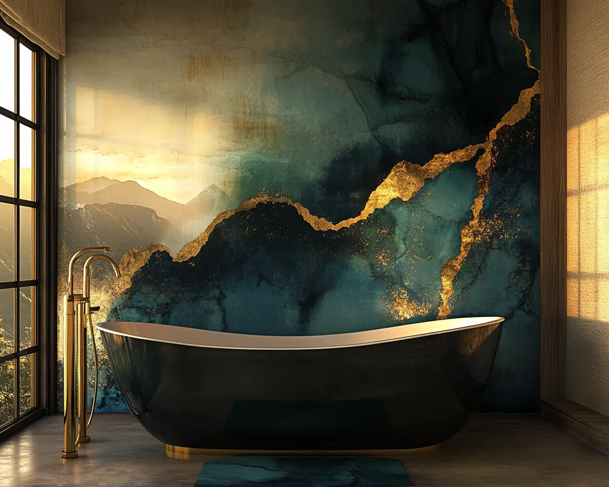 Kintsugi style abstract bathroom art with bathtub view