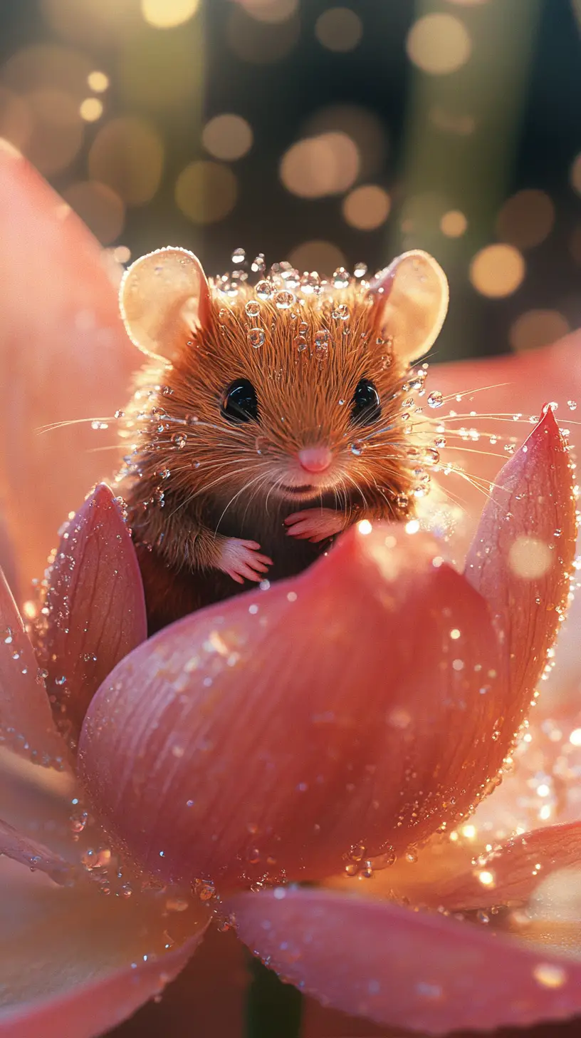 Tiny wet field mouse resting inside pink lotus flower