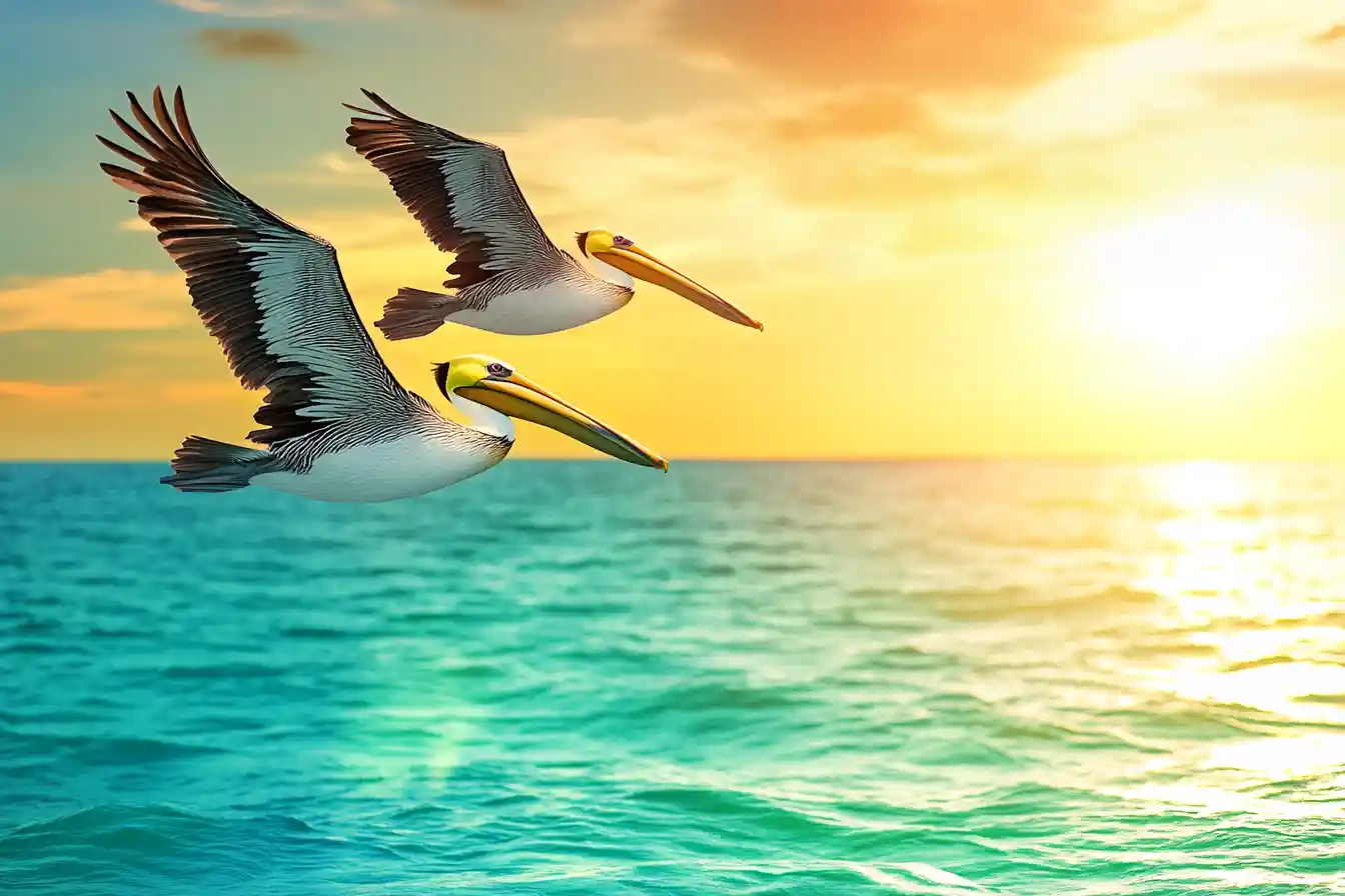 Pelicans Flying Over Blue Green Ocean At Sunset