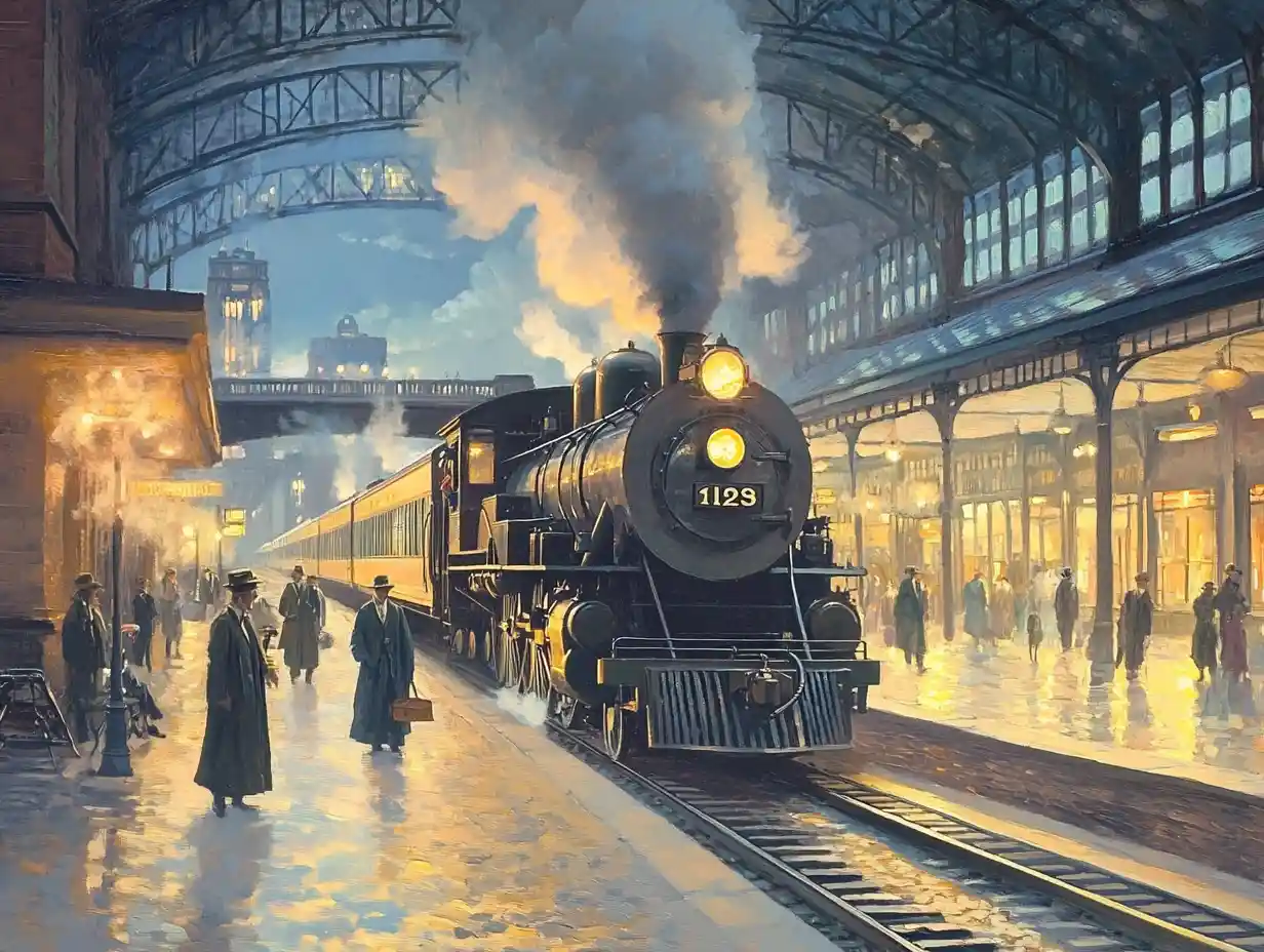 Elegant vintage painting of a 1920s american train station
