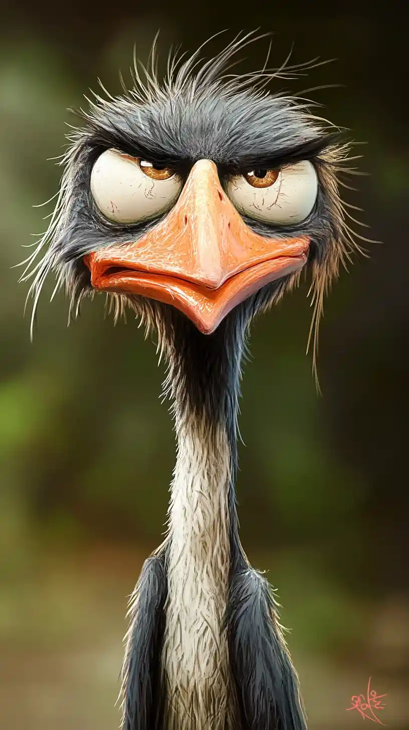 Cartoon bird with exaggerated emotional facial expression