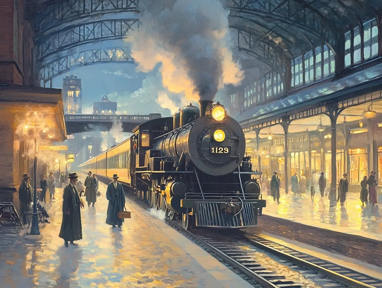 Elegant vintage painting of a 1920s american train station