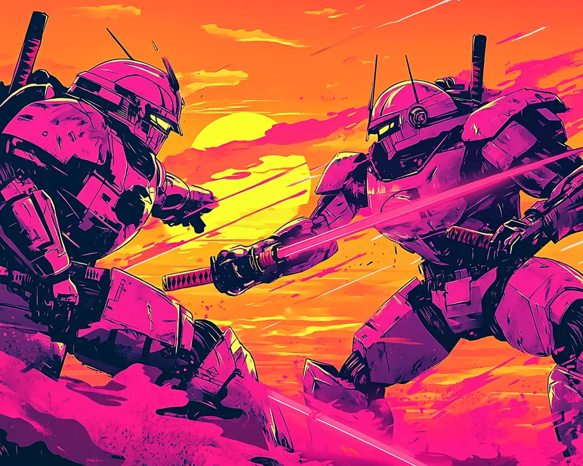 Samurai battling at sunrise in vibrant digital art