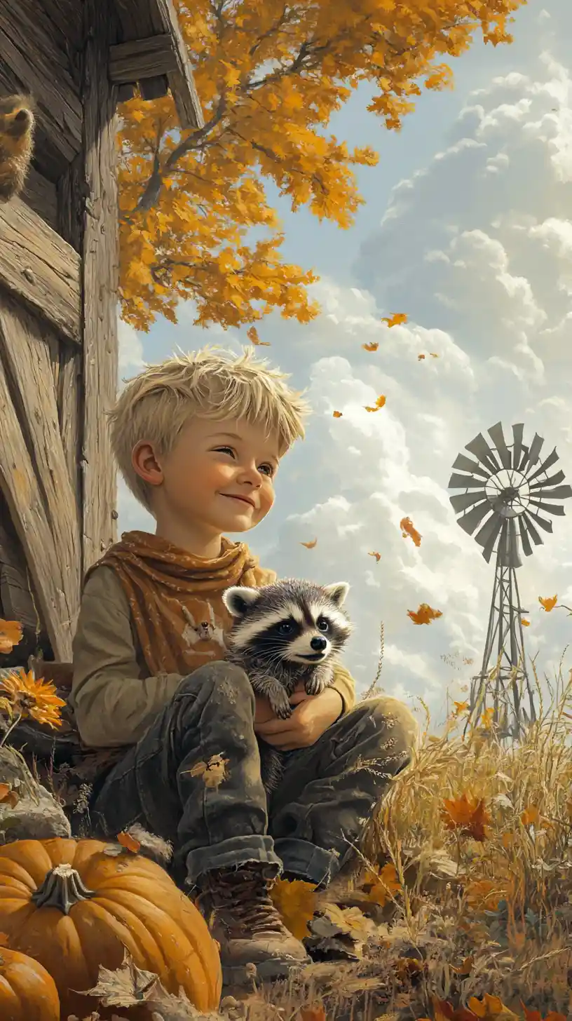 Happy blond boy holding a small raccoon outdoors