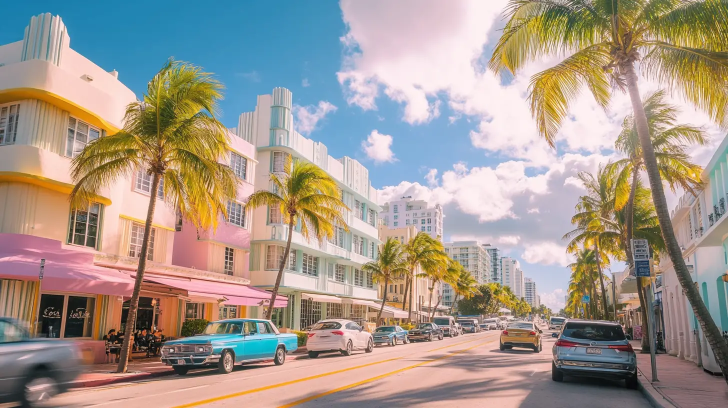 Colorful art deco buildings along a sunny miami street