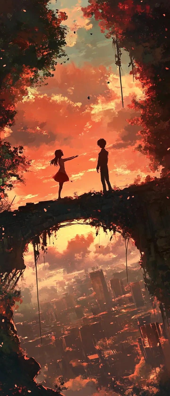 Anime couple reaching across a broken bridge in sorrow