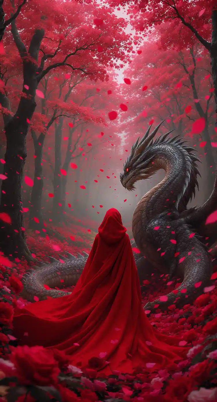 Girl In Red Cloak With Dragon In Enchanted Forest