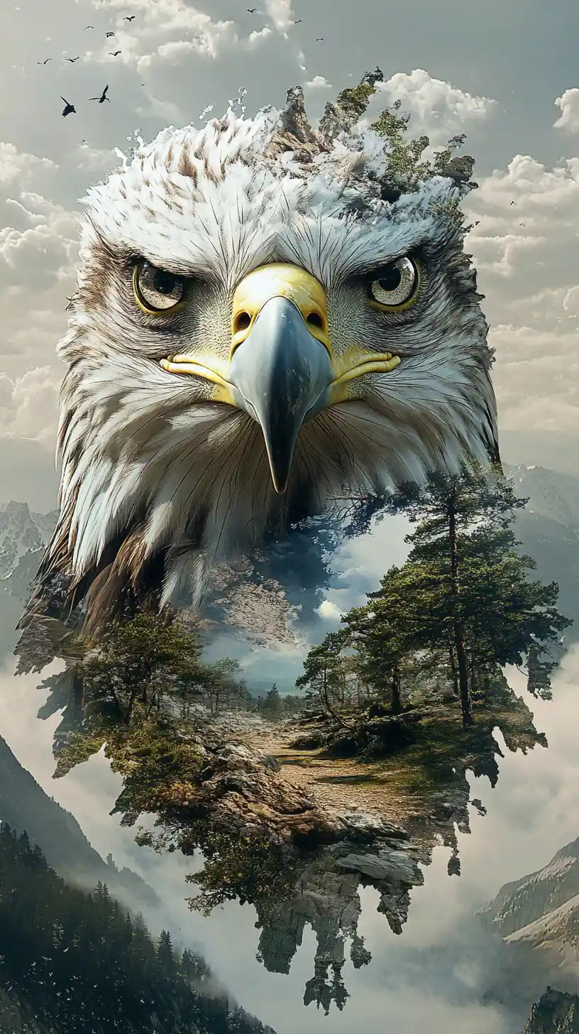 Surreal illusion of an eagle within multiple hidden images