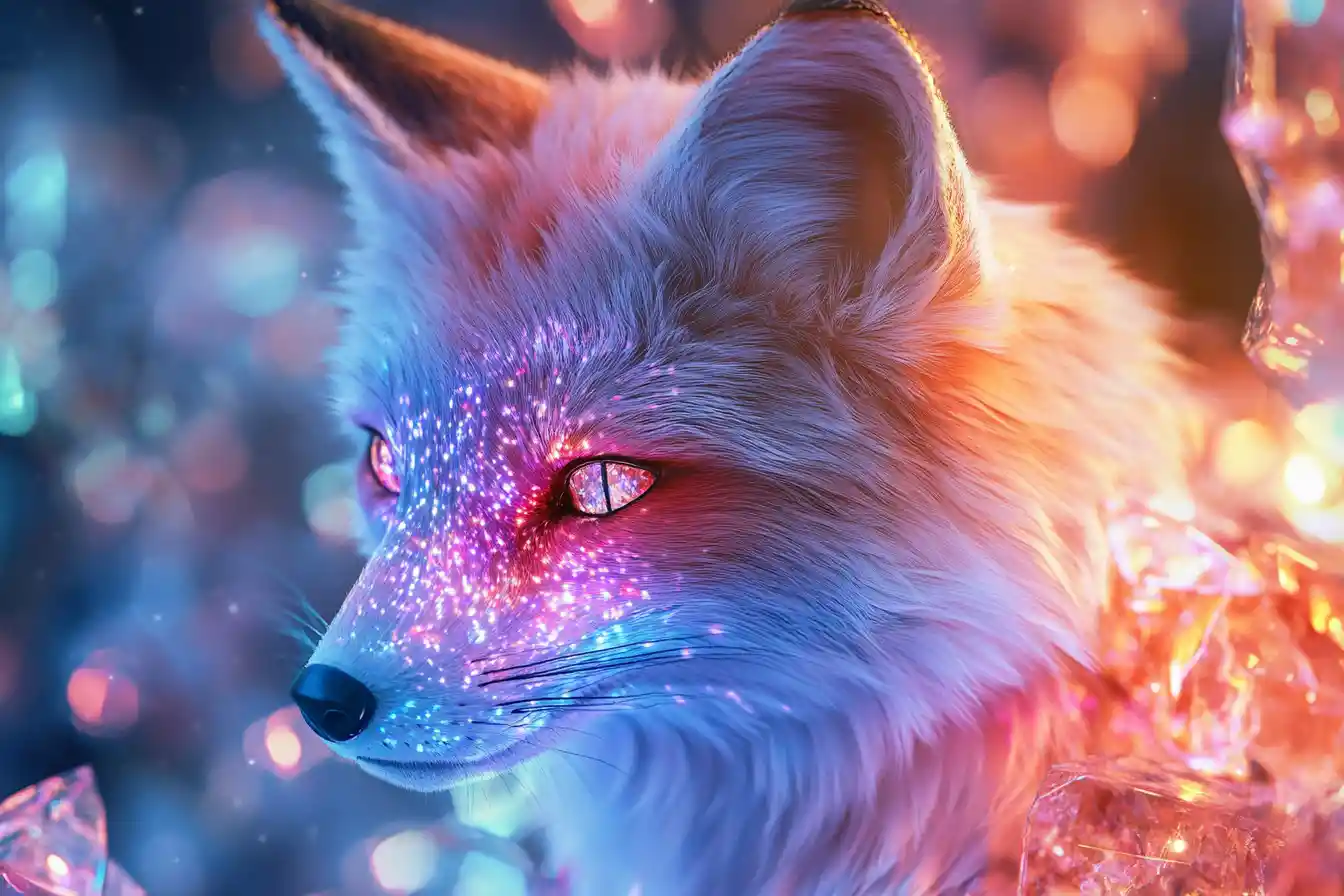 Translucent Crystal Fox With Rainbow Cosmic Galaxy Inside