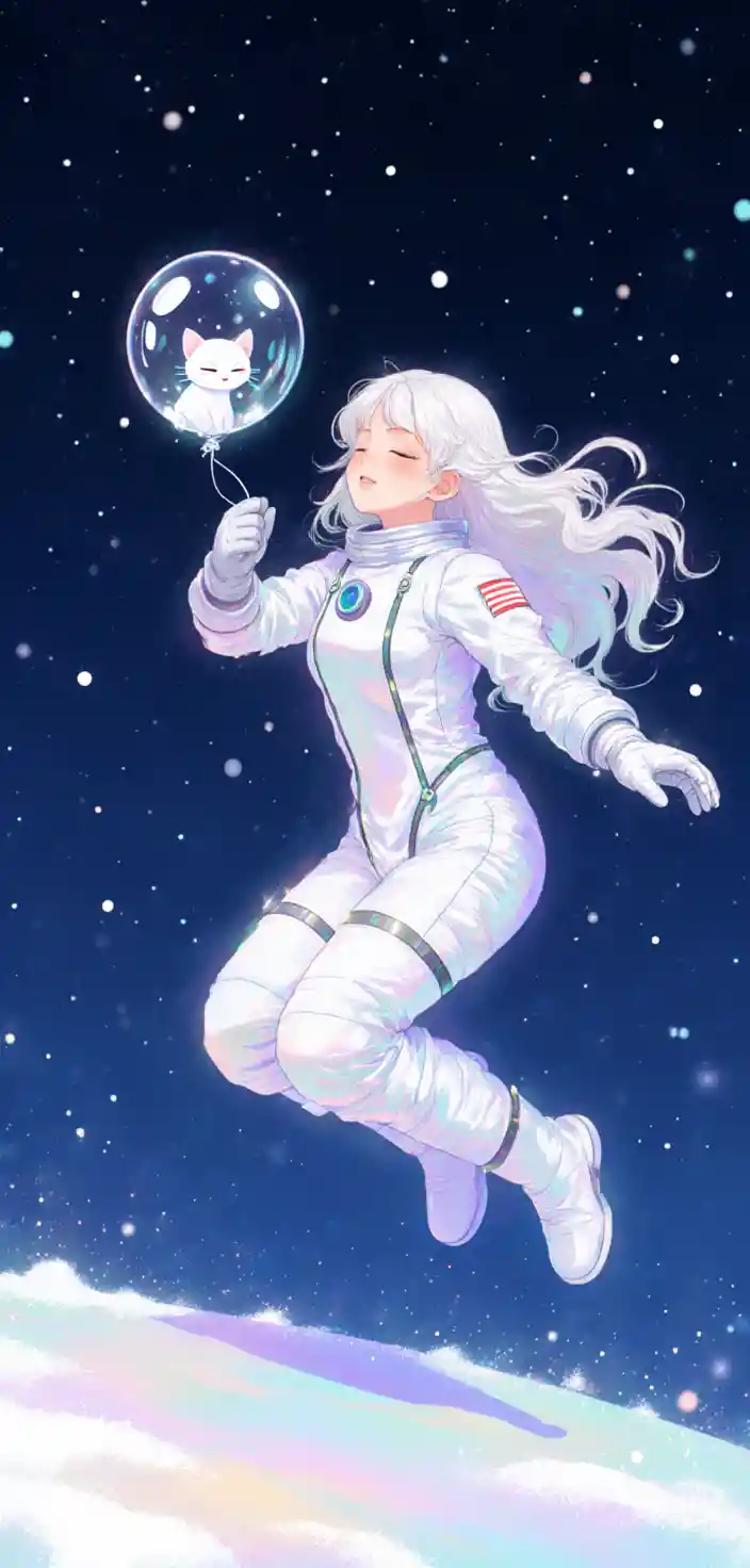 Serene anime astronaut woman floating in starry night