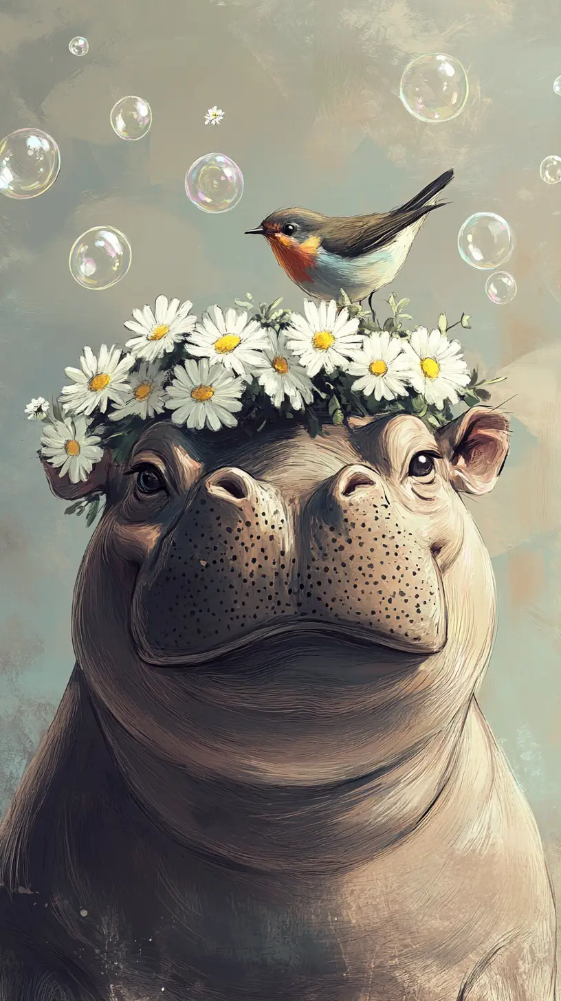 Cute hippopotamus portrait with daisy wreath and bird