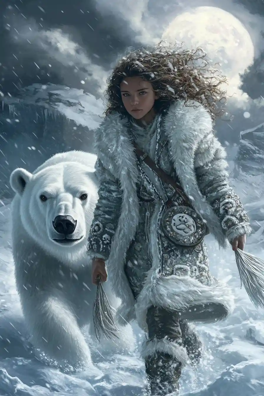 Water bender woman and polar bear in snowy moonlit landscape